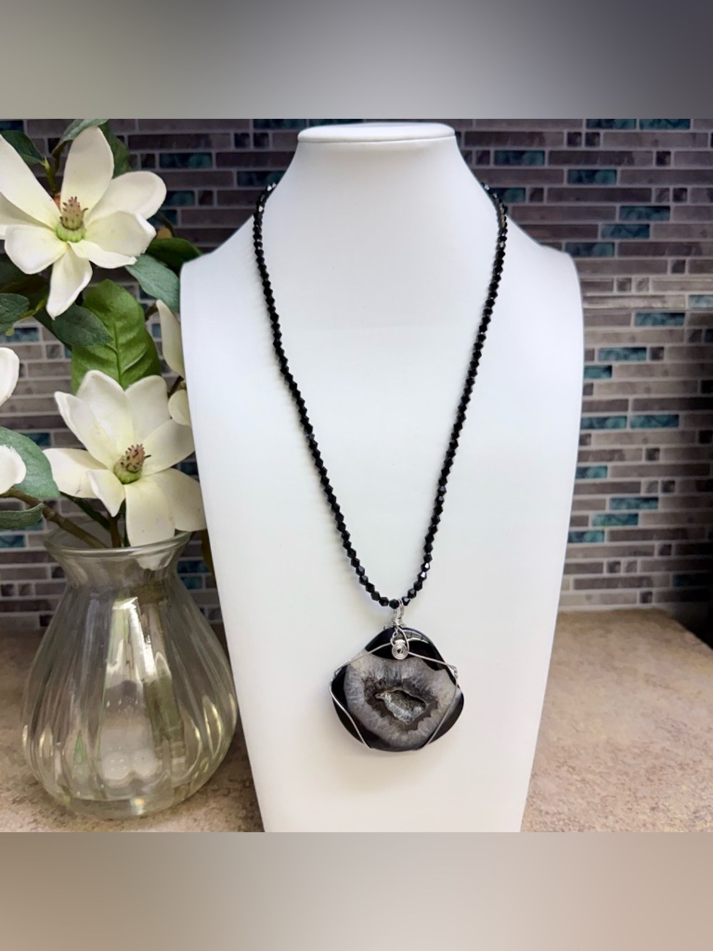 Statement black and silver druzy geode and Swarovski crystals necklace